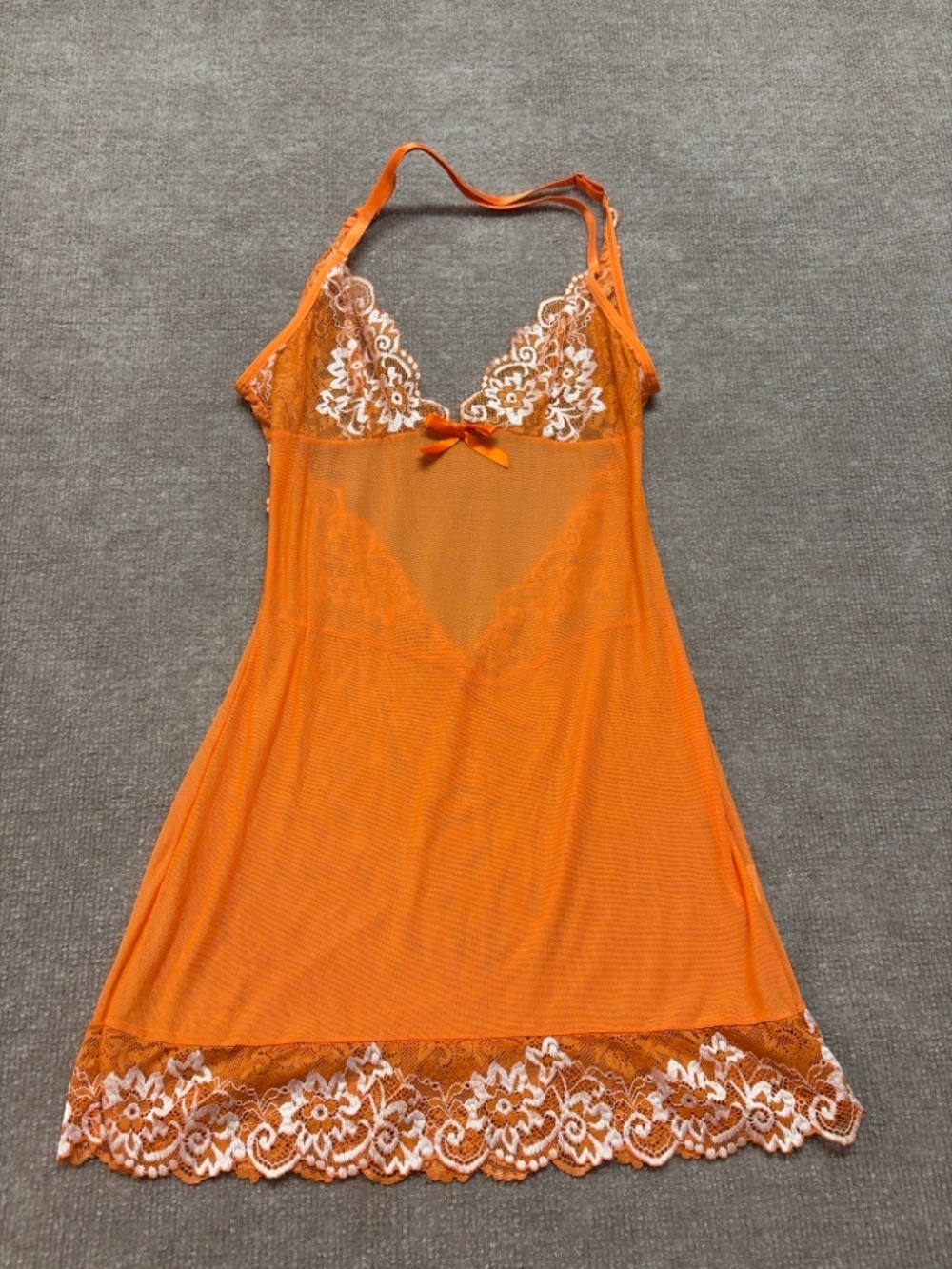 Orange Lace Mesh Chemise Slip Dress Lingerie Floral Trim Size Small 0881
